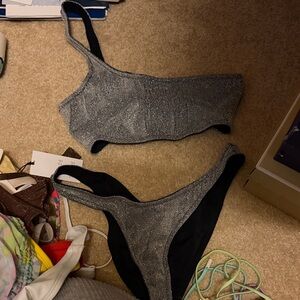 Silver and Black One-Shoulder Bikini Set